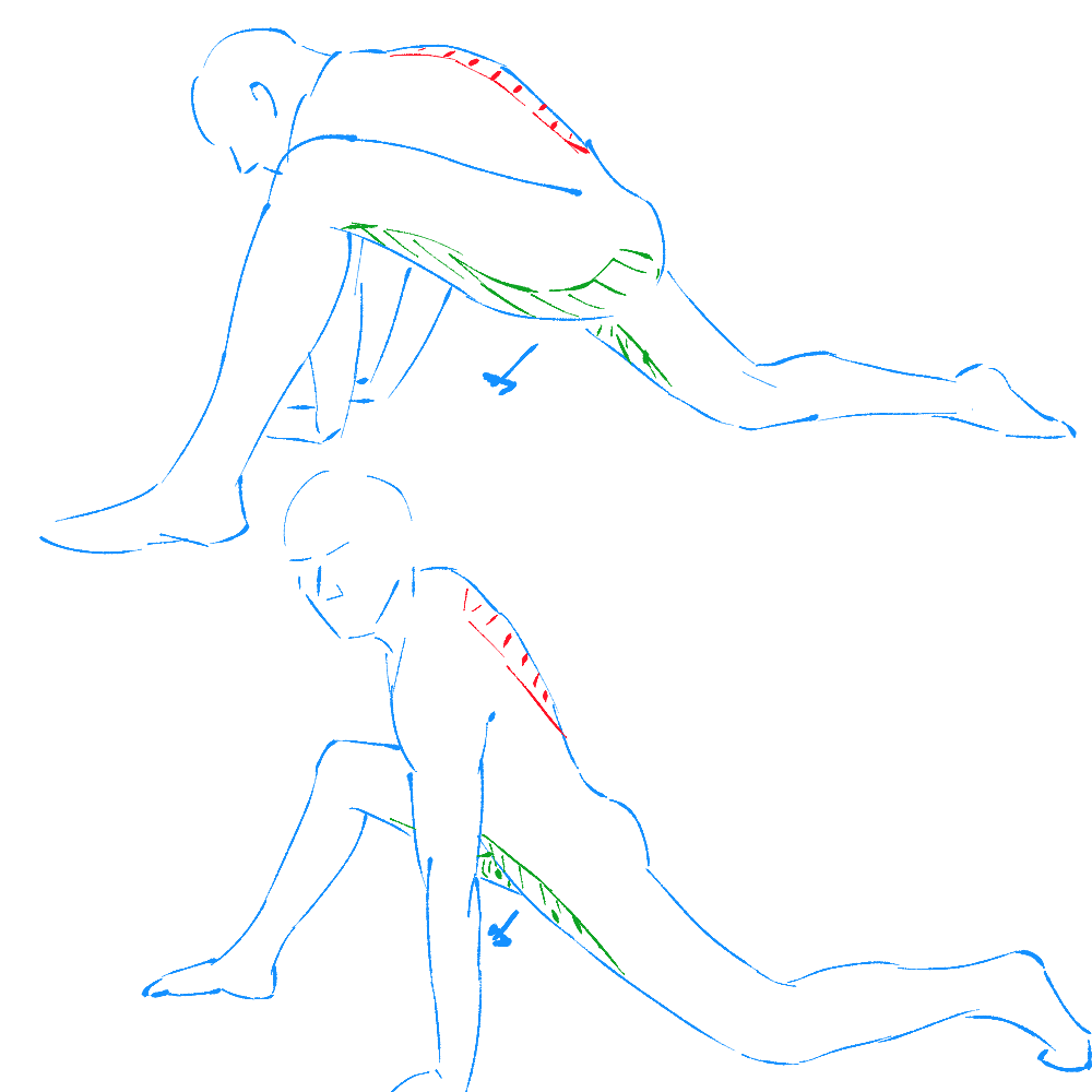 deep lunge, hips toward the ground, keeping back flat, using one or both arms to brace