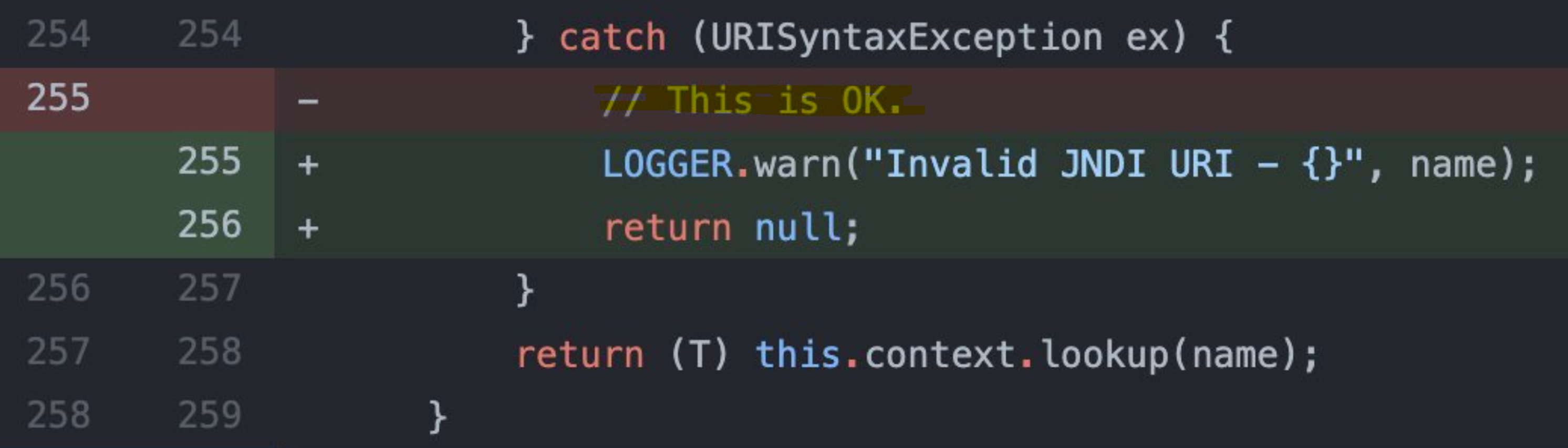Git diff showing an added check for invalid JDNI URIs
