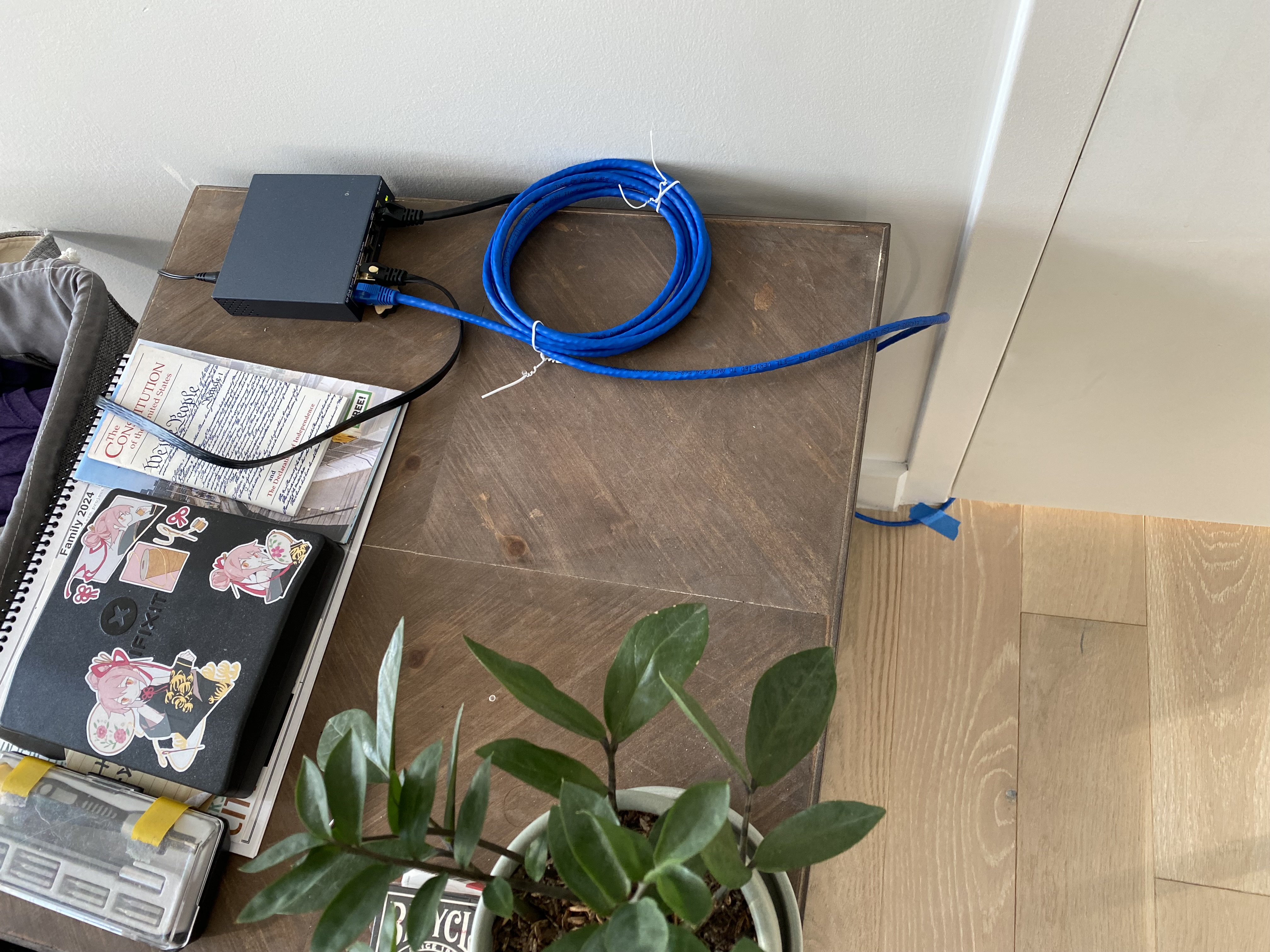 ethernet cable running under a door onto my desk into a switch, with two more cables running off the desk